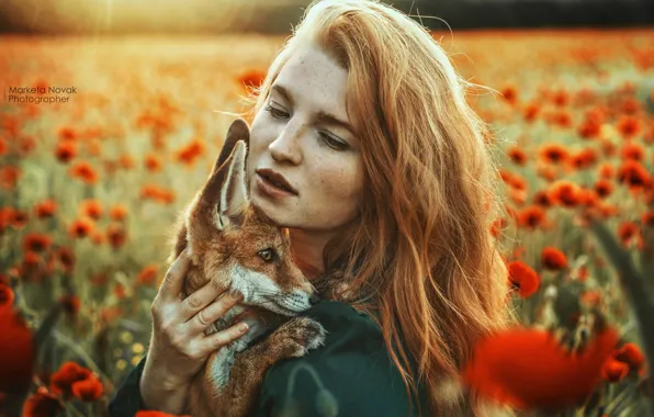 Picture girl, flowers, face, Maki, Fox, red, redhead, Fox