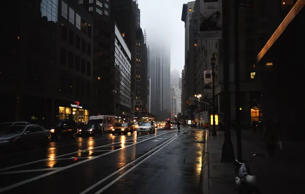 Picture city, cars, New York, buildings, mist