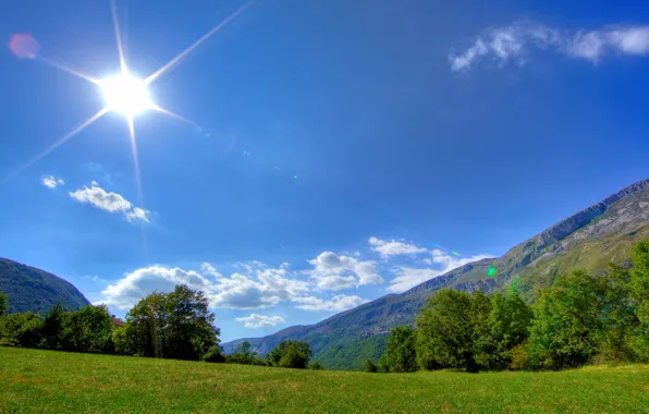 Picture the sky, grass, the sun, mountains, landscapes, morning, full hd walls 2560x1440
