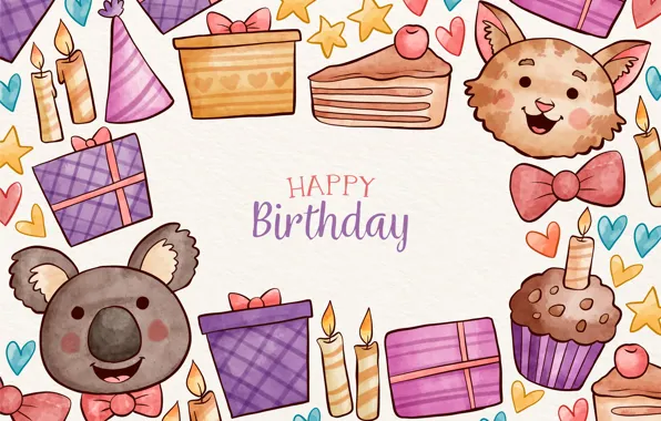 Cat, holiday, the inscription, figure, candles, animals, gifts, cake