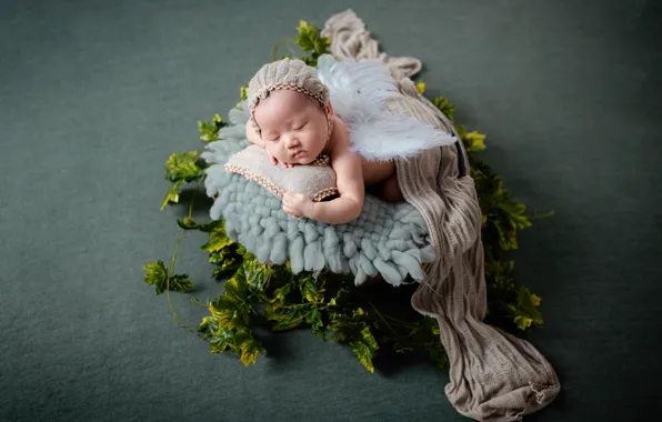 Leaves, pose, child, sleep, wings, angel, scarf, baby