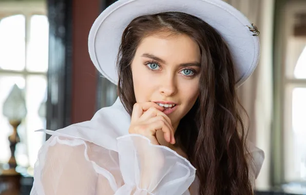 Look, face, portrait, hat, brunette, blouse, blue eyes, Alissa Foxy