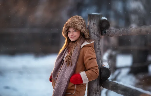 Winter, look, girl, snow, smile, hat, scarf, the fence