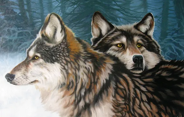 Picture winter, forest, loyalty, pair, wolves, ART