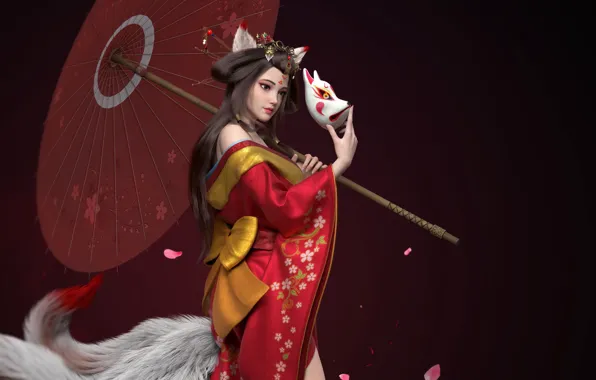 The dark background, umbrella, mask, geisha, tail, kimono, bow, ears