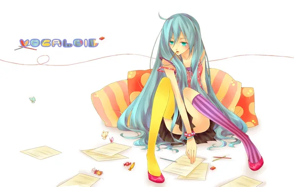 Girl, butterfly, pillow, pencils, candy, vocaloid, hatsune miku, long hair