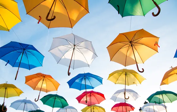 Picture the sky, the sun, umbrellas, colorful, a lot, Colorful Umbrellas