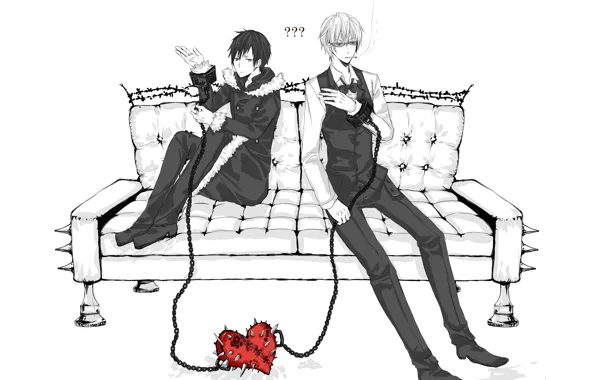 Sofa, art, guys, characters, sitting, black and white, Durarara, Durarara