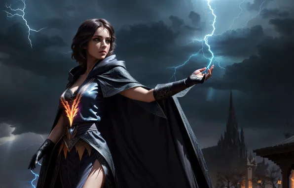 Girl, fantasy, lightning, art, digital art, fantasy art, mage, fantasy girl