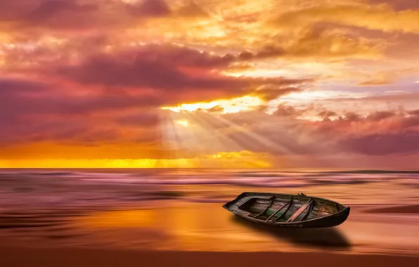 Sea, sunset, boat