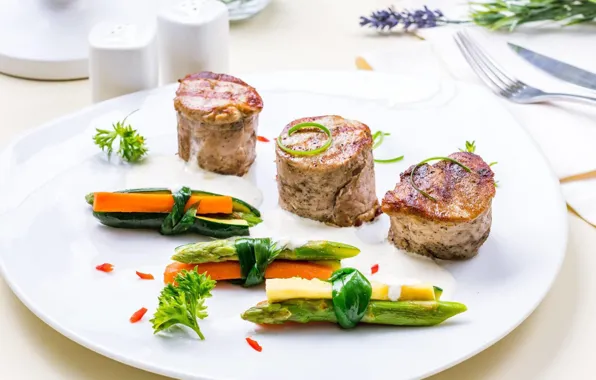 Meat, vegetables, carrots, submission, asparagus