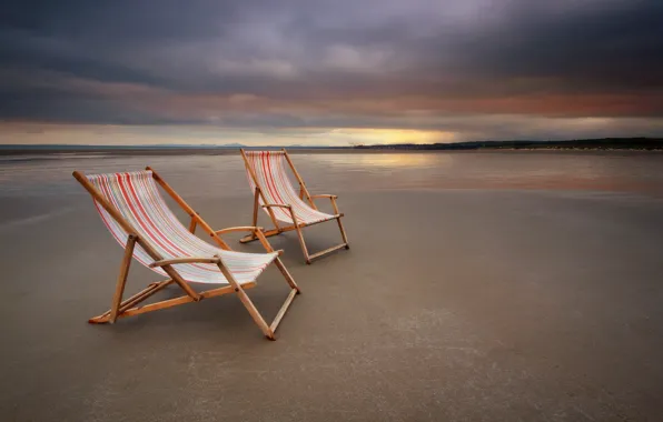 Sea, landscape, sunset, chairs