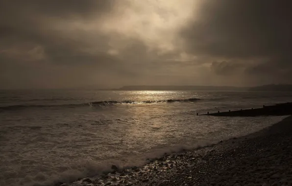 Picture sea, beach, clouds, pebbles, clearance