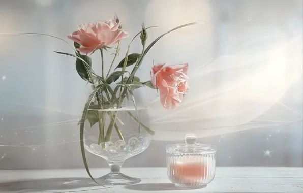Picture glass, light, flowers, glass, roses, bouquet, Bank, pink
