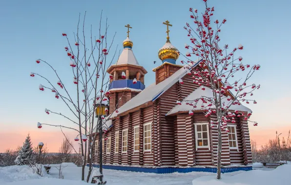 Picture winter, snow, landscape, nature, Church, Rowan, trees, Sergey Kaverin