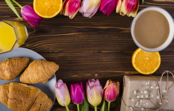 Picture flowers, Breakfast, colorful, tulips, juice, pink, wood, pink