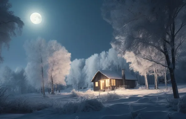 Winter, forest, snow, night, New Year, frost, Christmas, hut
