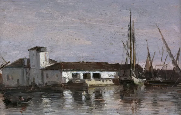 Landscape, house, boat, ship, picture, harbour, Carlos de Haes, The leper colony on Mallorca