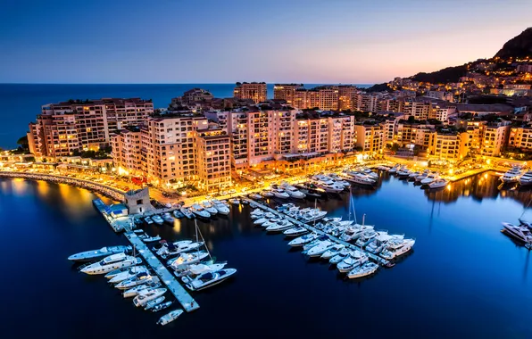 Picture sea, night, lights, home, boats, boats, promenade, Monaco