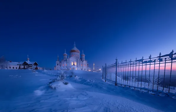 Picture winter, snow, sunset, the fence, temple, Russia, path, Perm Krai