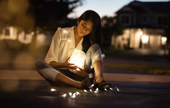 Picture girl, street, lamp