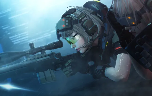 Girl, face, the evening, optics, rifle