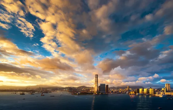 Picture the sky, clouds, sunset, building, Hong Kong, skyscrapers, the evening, port