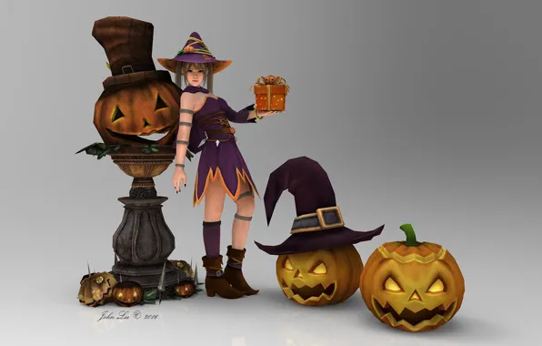 Picture girl, anime, pumpkin, Halloween, 3D graphics