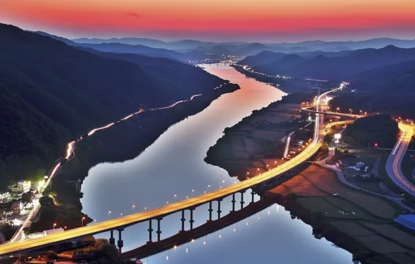 Mountains, bridge, river, hills, road, Korea