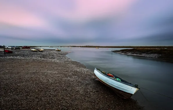 Picture the sky, clouds, landscape, pebbles, river, shore, boat, the evening