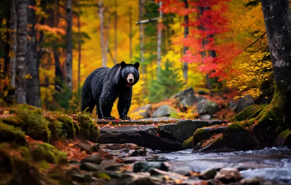 Picture Trees, Forest, Bear, Predator, River, Digital art, Baribal, Black bear