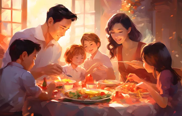 Picture Smile, Table, Children, Family, Male, Woman, Food, Digital art