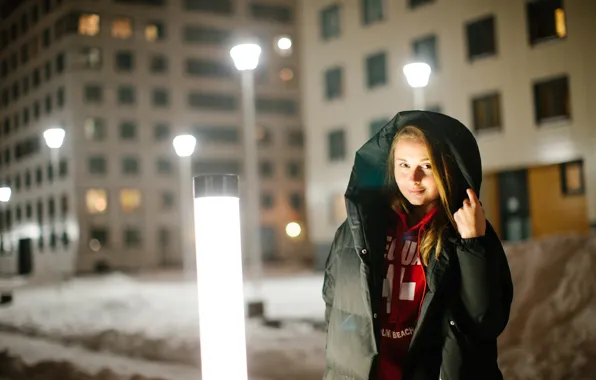 Picture winter, look, girl, lights, the evening, Nastya