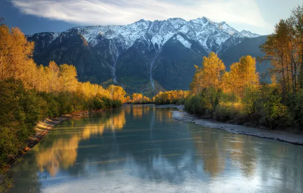 Picture autumn, the sky, snow, trees, mountains, river