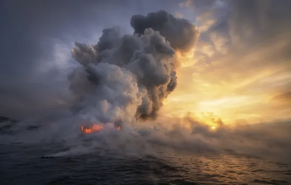 Sea, the sky, clouds, sunset, lights, fire, the volcano, the eruption
