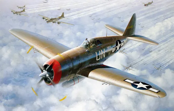 Picture war, art, airplane, ww2, Republic P-47 Thunderbolt, paiting