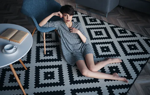 Look, girl, pose, carpet, chair, on the floor, table, Sergey Fat