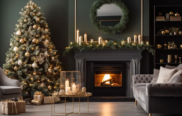 Decoration, room, tree, interior, Christmas, gifts, New year, fireplace
