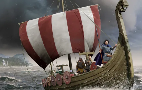 Sea, Ship, Spear, The Vikings, Drakkar, sailors, Nordic battle axe, Skandinavskie