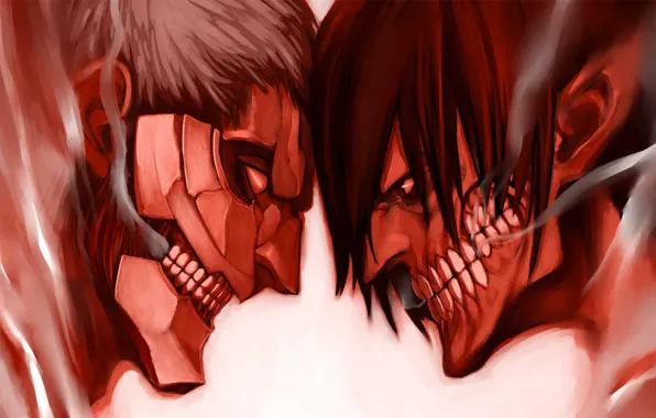 Picture grin, clash, the fight, face-to-face, armored, evil eye, Eren Yeager, evaporation