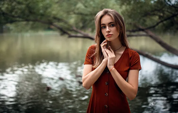 Girl, river, long hair, dress, trees, brown hair, photo, Dasha