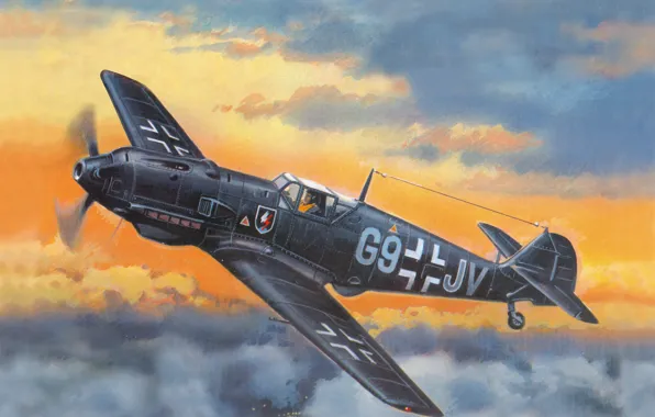 The sky, figure, fighter, art, Messerschmitt, German, WW2, Bf - 109E4