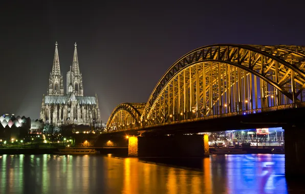 Night, bridge, lights, river, Cathedral, Germany, germany, cologne