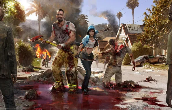 Picture zombies, woman, man, swords, knives, dead island 2, machetes and axe