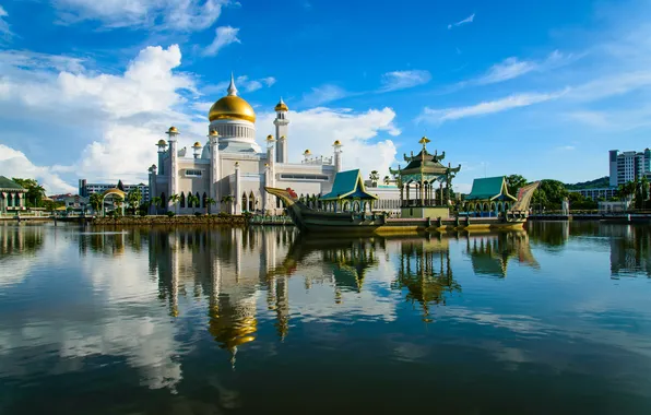 Picture sky, blue, building, pond, mosque, islam, brunei