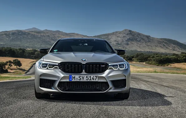 Picture grey, BMW, sedan, front view, 4x4, 2018, four-door, M5