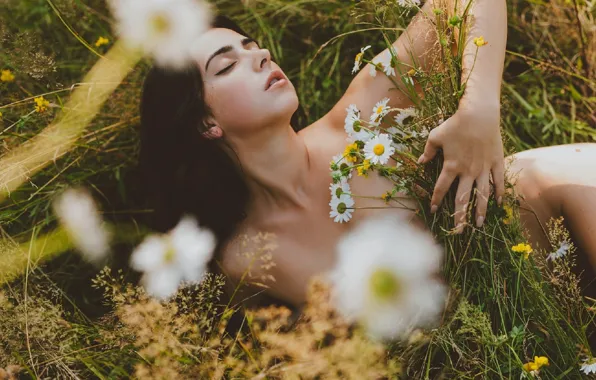 BODY, GRASS, FIELD, GREENS, BRUNETTE, FLOWERS