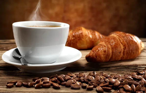 Picture coffee, hot, Breakfast, Cup, cup, beans, coffee, croissants
