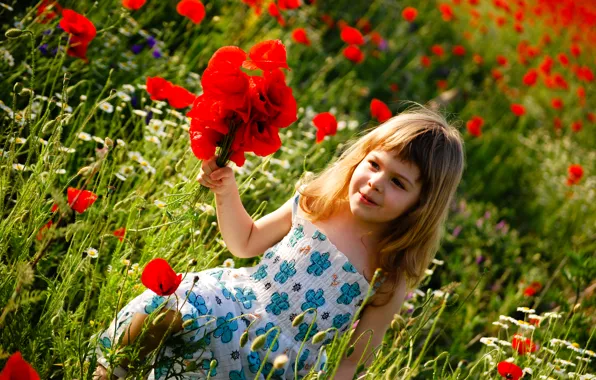 Happiness, flowers, children, childhood, child, flowers, green field, child