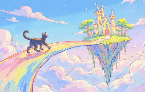 Road, cat, the sky, cat, clouds, trees, pose, blue